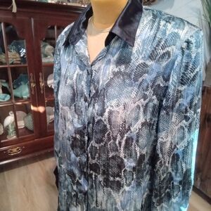 Kirgozler Vintage 80's Silk Blue and Black Snakeskin  Patterned Blouse Size 1X